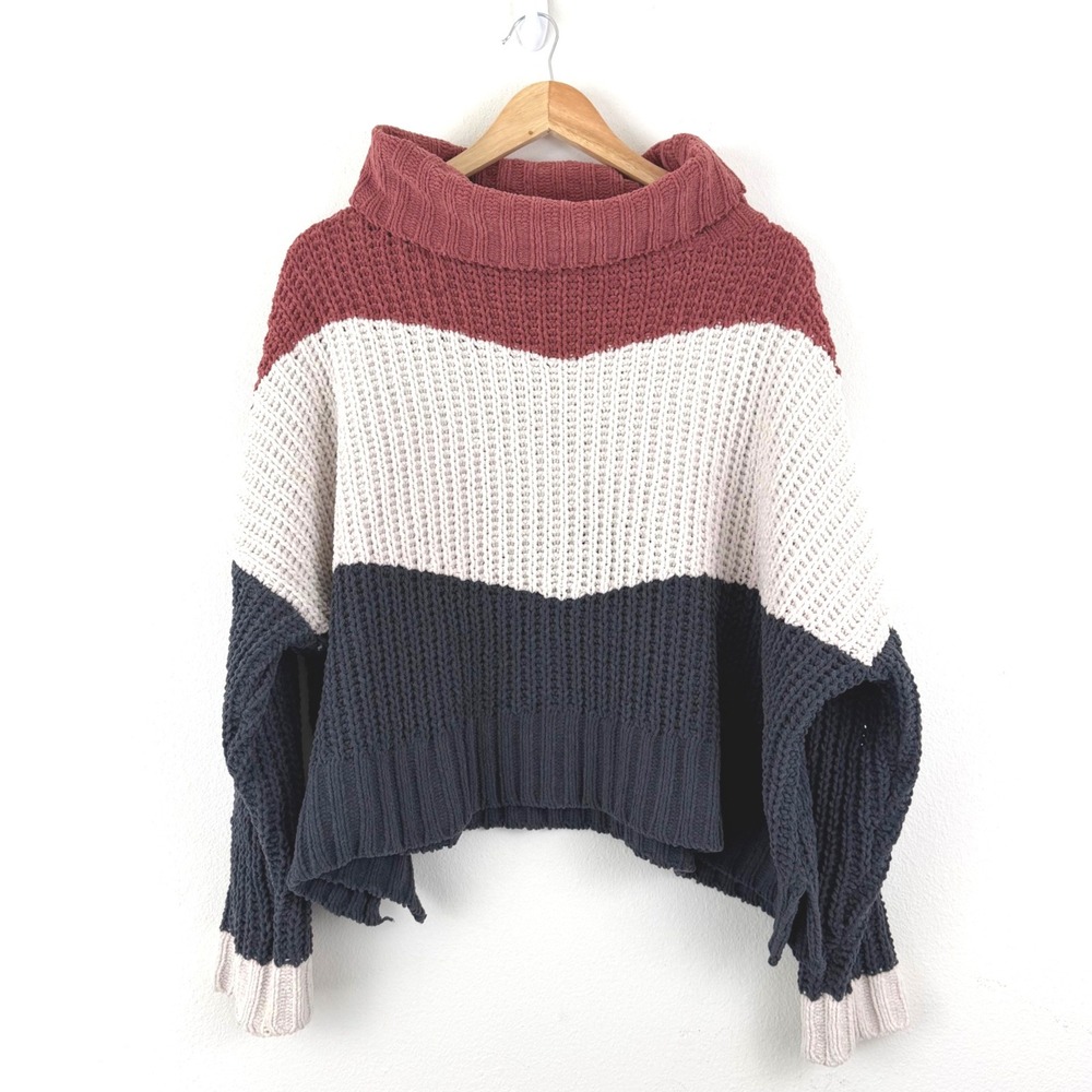 POL Chenille Colorblock Oversized Turtleneck S Sweater Burgundy Cream Navy